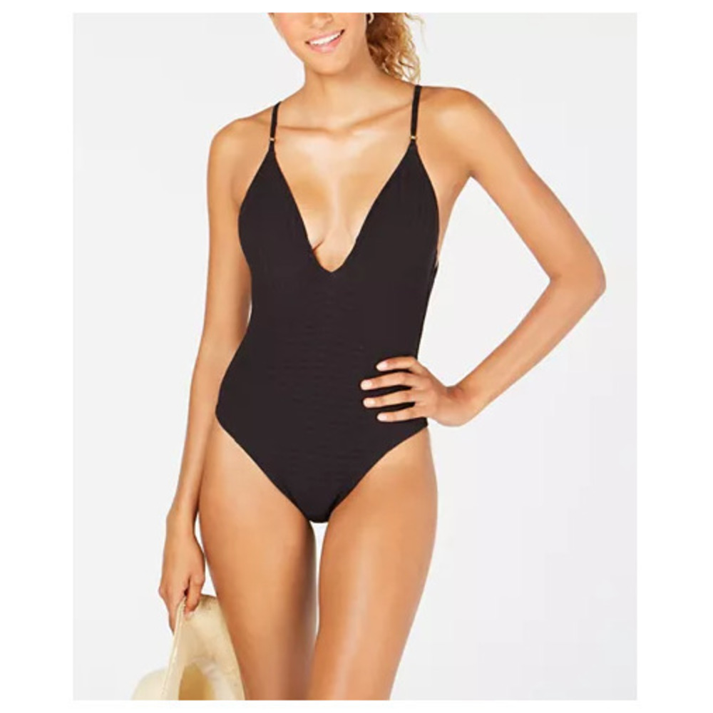 Lucky Brand Shoreline Chic Plunging strappy one piece Black Swimsuit XS New